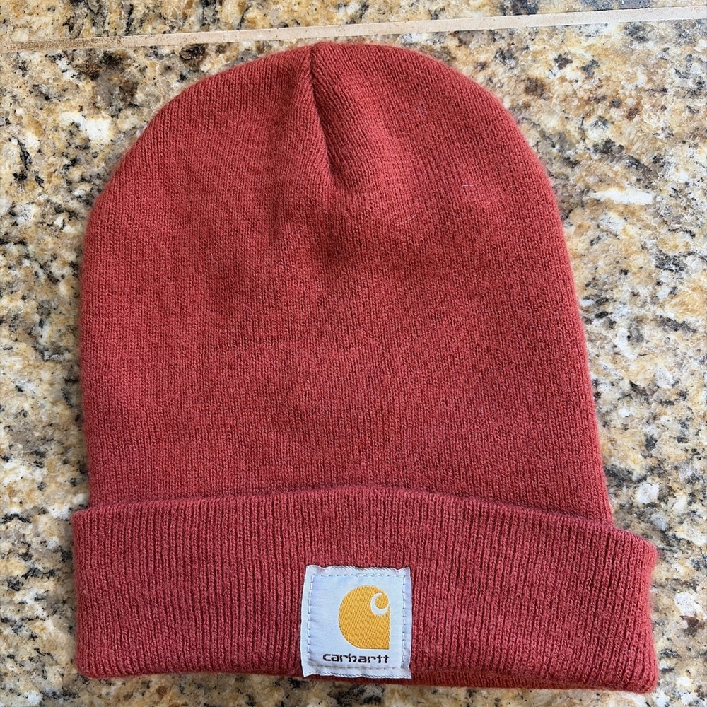 Carhartt Burnt Orange Ribbed Knit Cuffed Logo Patch Beanie Hat Adult Outerwear